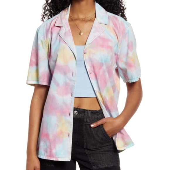 BP. Oversize Tie-dye Button-up Shirt In Purple Multi Soft Tie Dye - Picture 1 of 3
